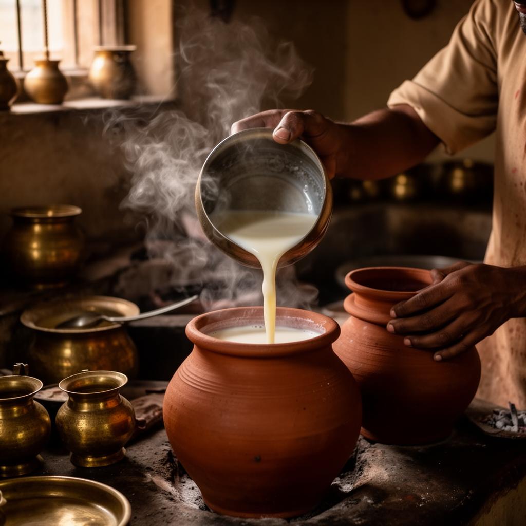 Milk being poured into matka pots